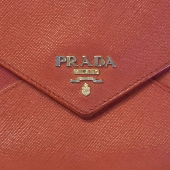 Prada Saffiano Envelope Pouch Clutch Corallo Papaya Red Document Holder - Picture 10 of 10